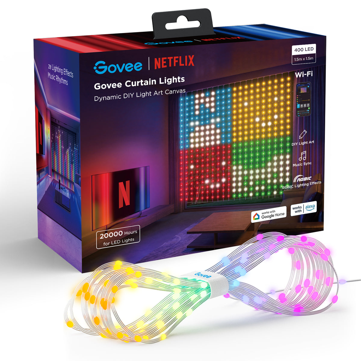 RGBIC smart curtain light set with 400 LEDs, Wi‑Fi LED light art canvas