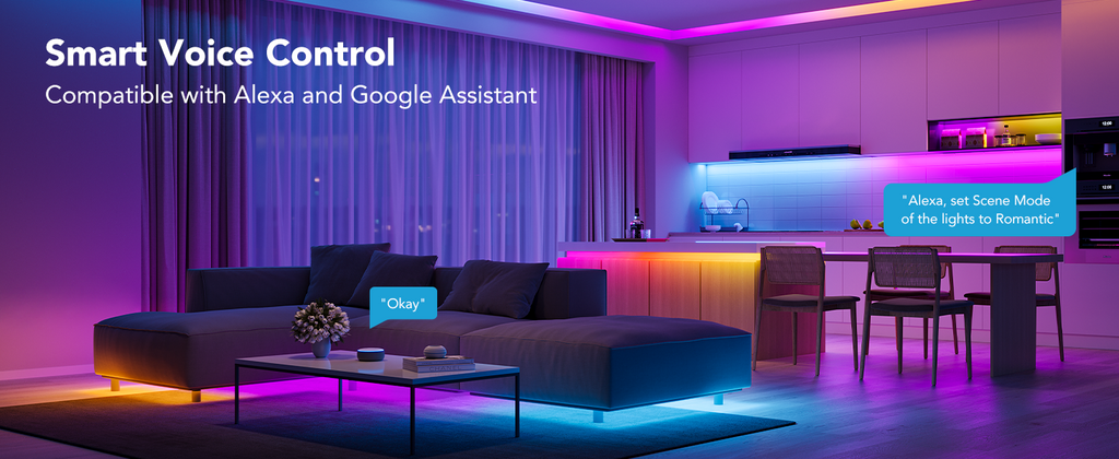 RGBIC LED strip light in bright purple glow across living room ceiling