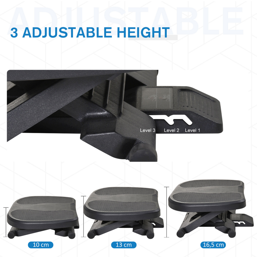 Under-desk footrest with three height settings and locking adjustment lever