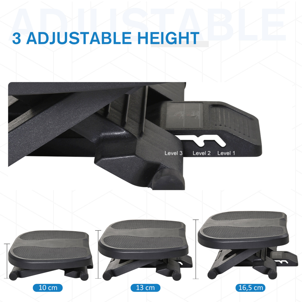 Under-desk footrest with three height settings and locking adjustment lever