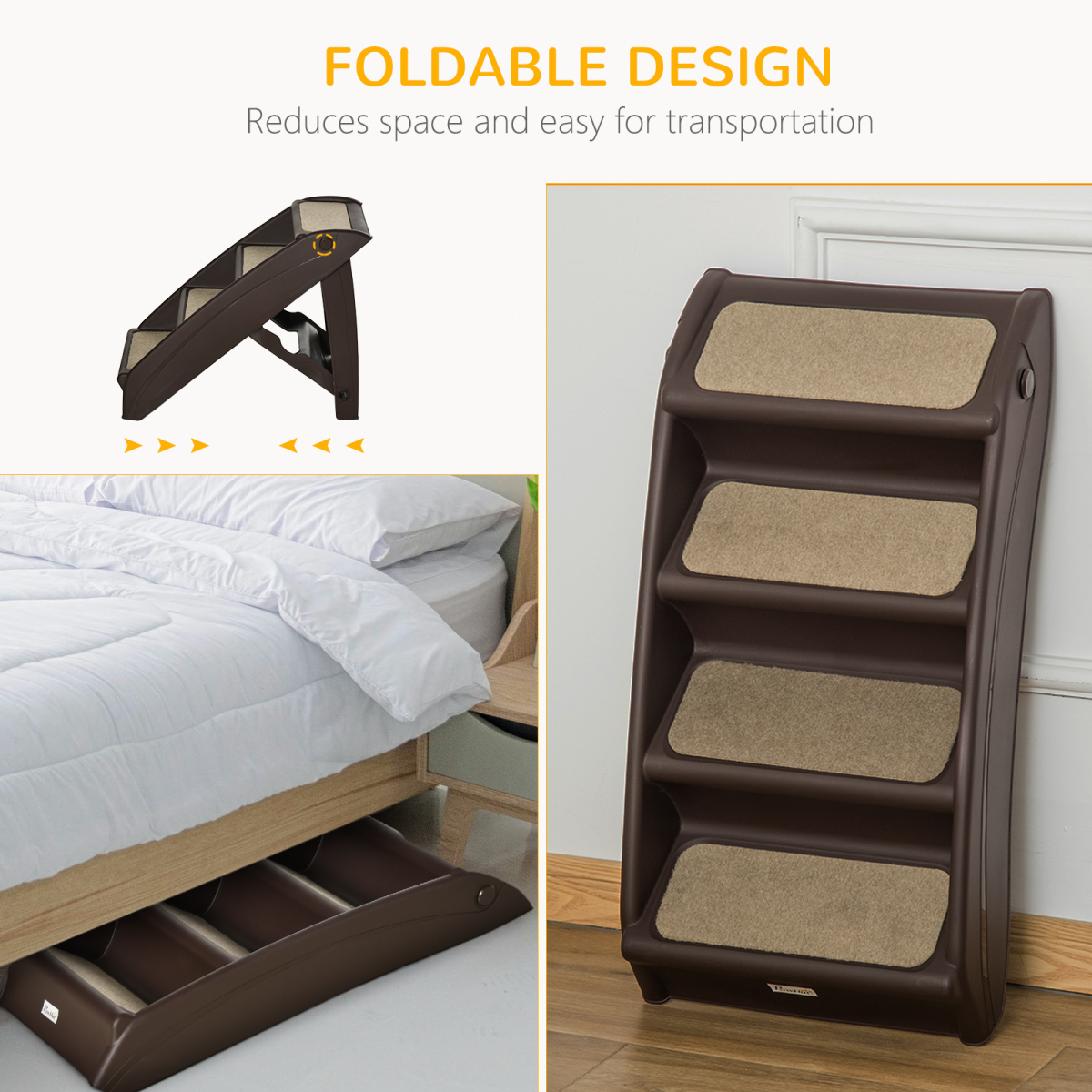 Foldable brown pet stairs with textured treads and side supports for easy storage