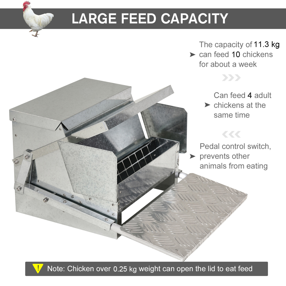 Large-capacity automatic chicken feeder with pedal control and open feeding trough
