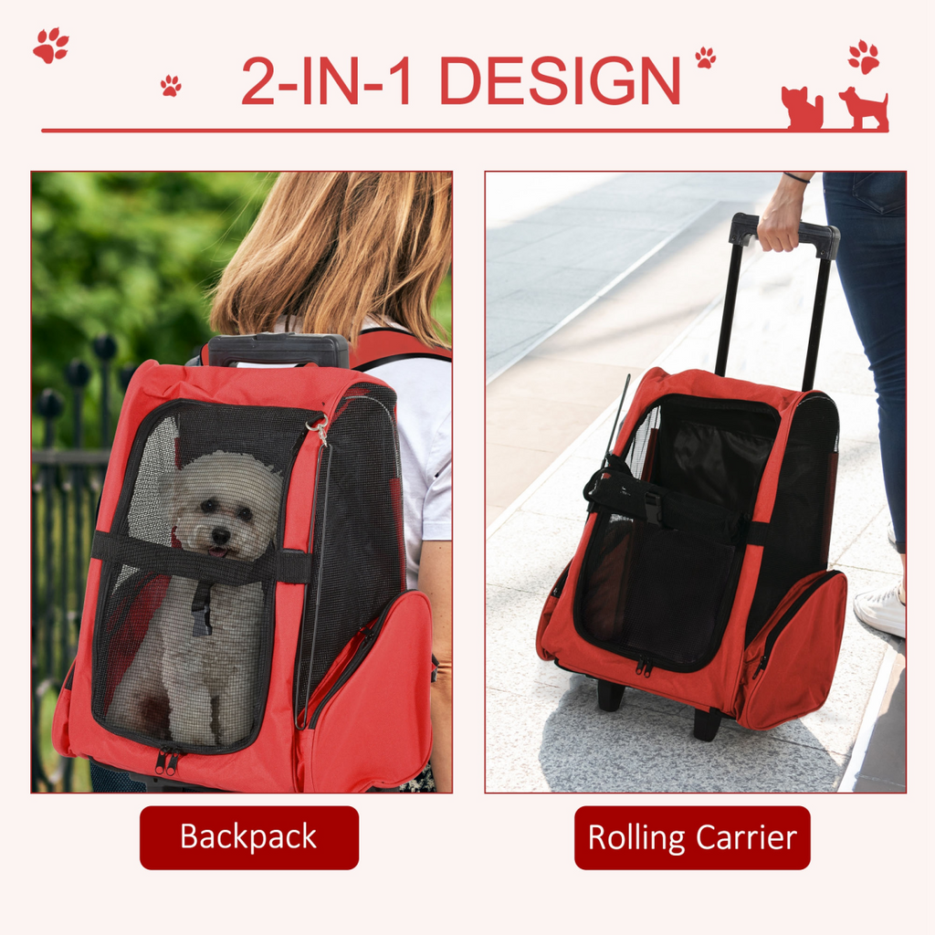 Red pet carrier backpack with front mesh window and rolling wheels