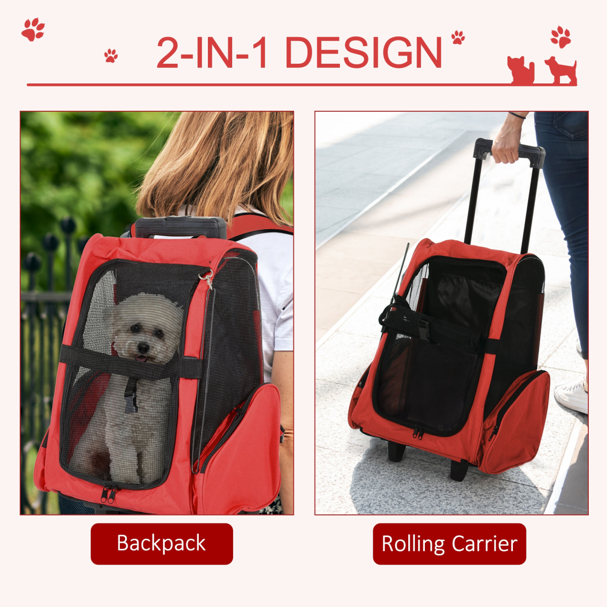 Red pet carrier backpack with front mesh window and rolling wheels