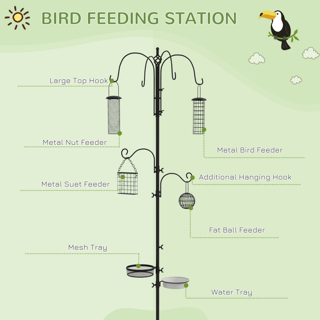 Black bird feeding station illustration with multiple hooks, wire feeders, and mesh tray