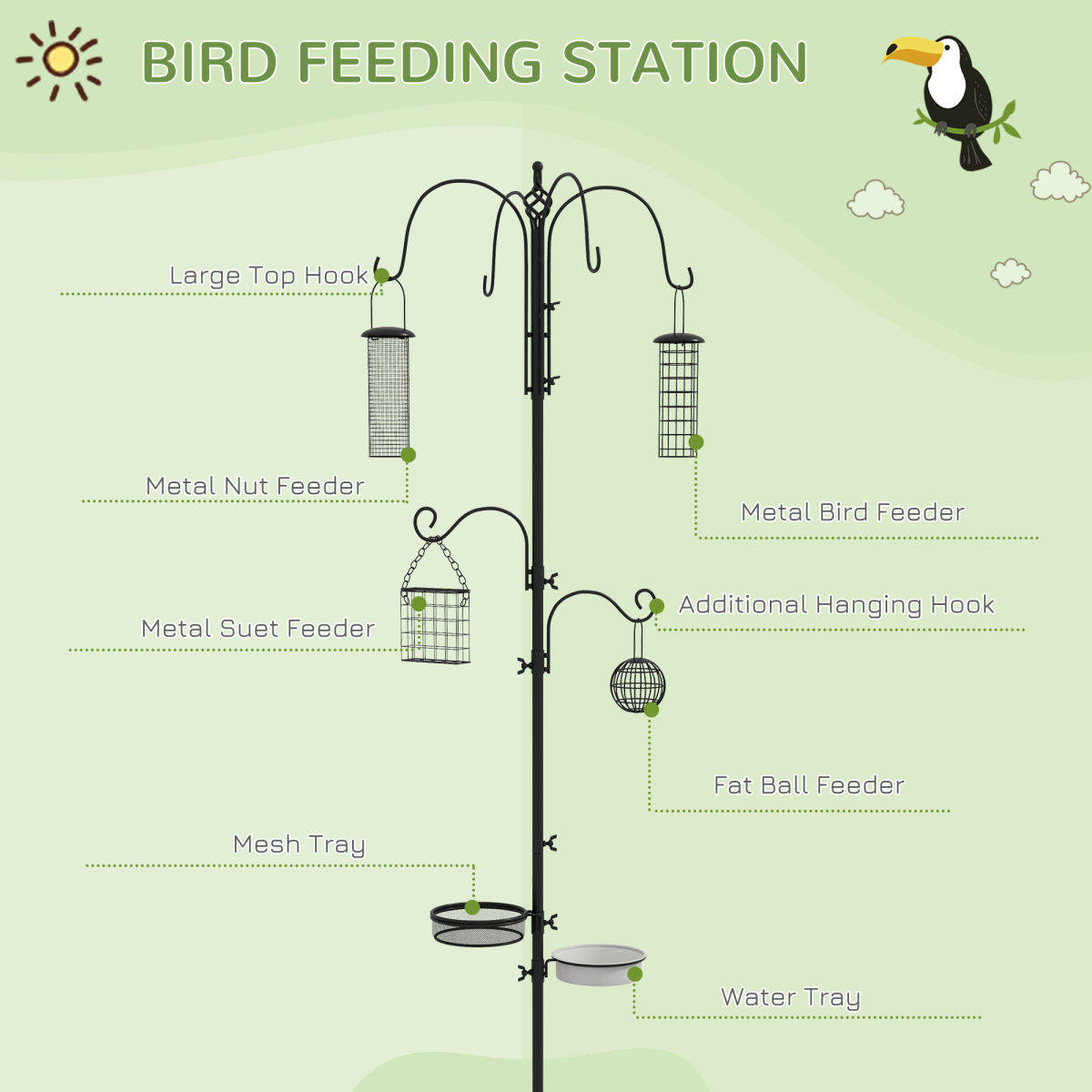 Black bird feeding station illustration with multiple hooks, wire feeders, and mesh tray