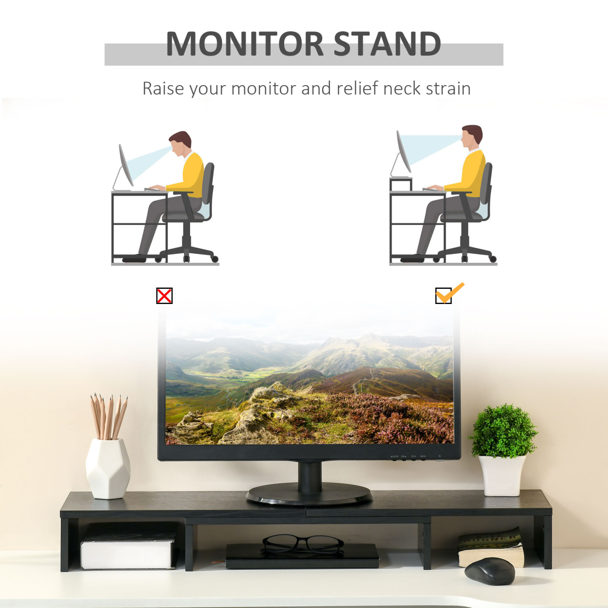 Monitor stand riser raising a single screen with a wide storage ledge beneath