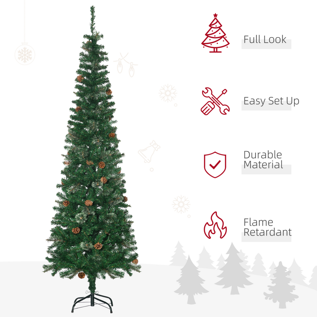 Slim green artificial Christmas tree with pine cones, standing on a metal base