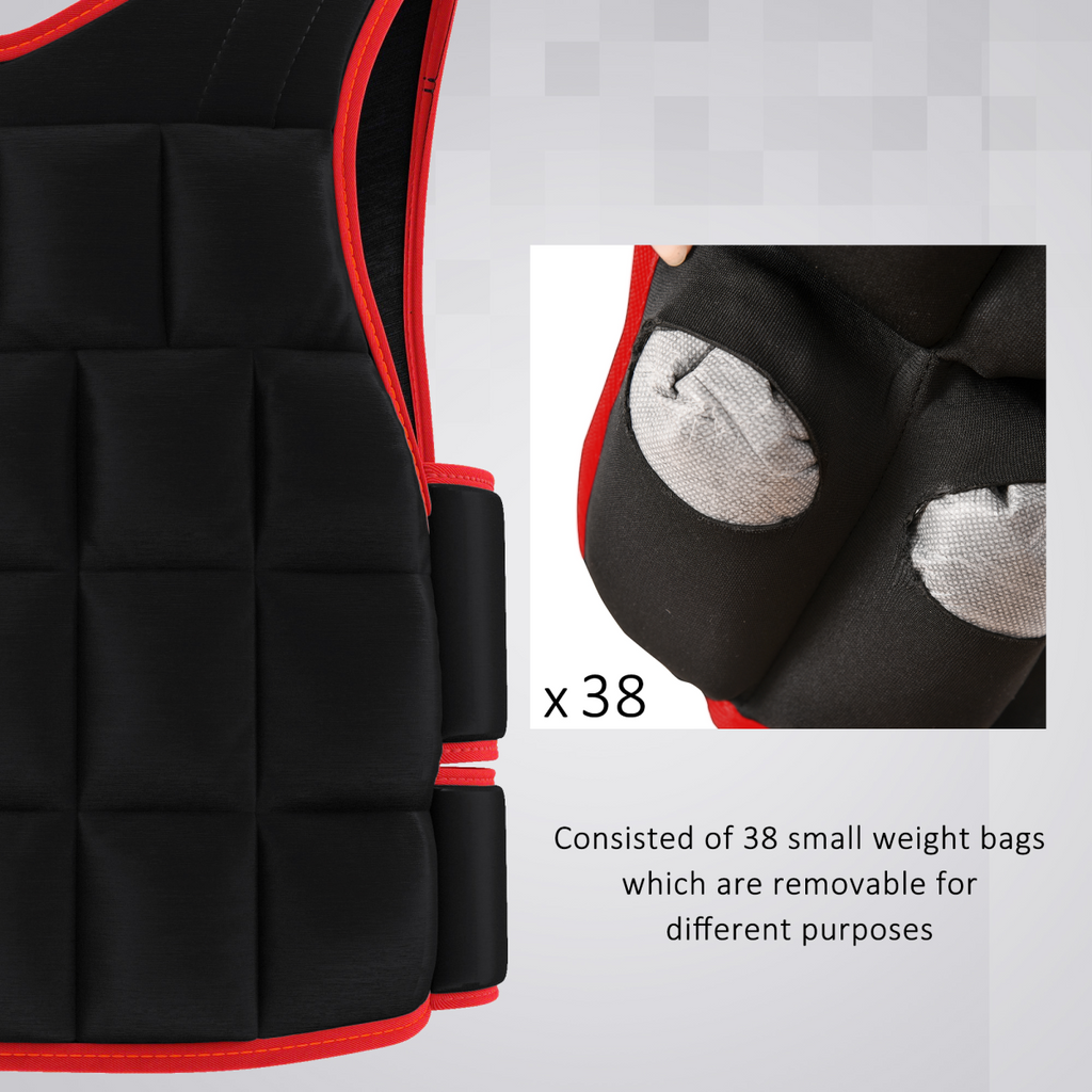 Close-up of black weight vest edge with red piping and small fabric weight compartment