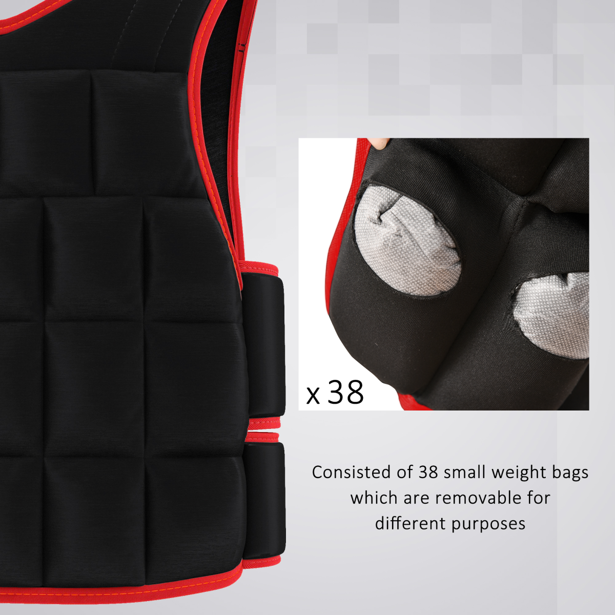 Close-up of black weight vest edge with red piping and small fabric weight compartment