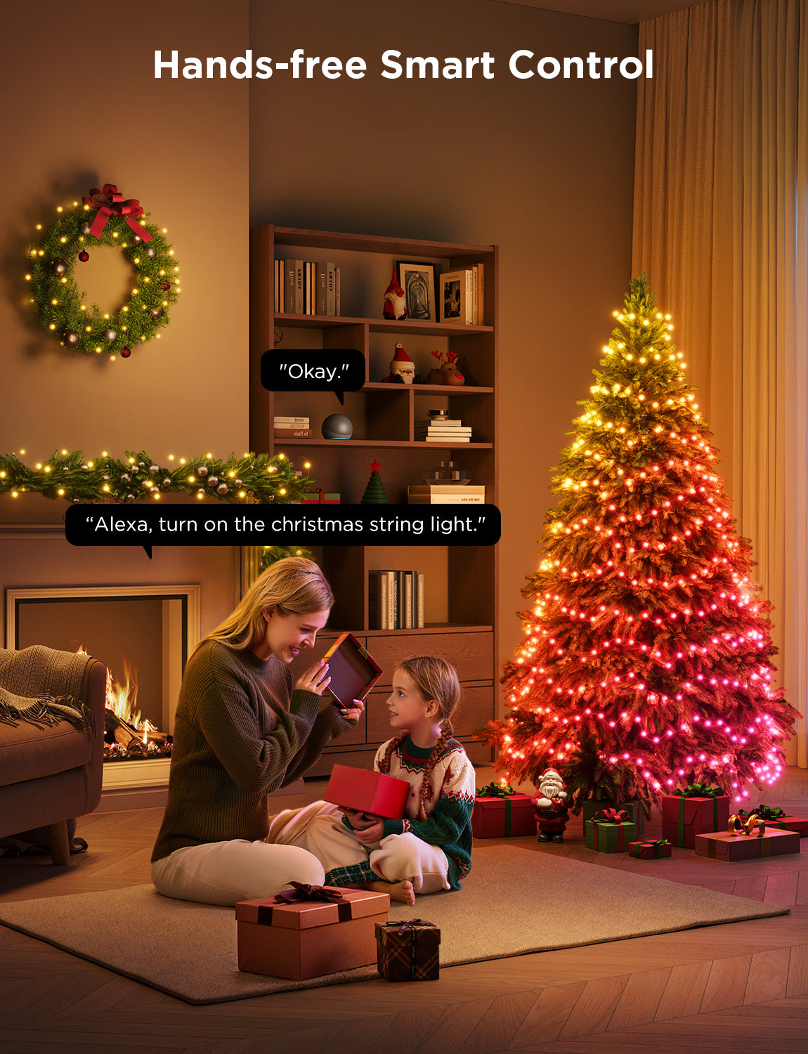 Smart Christmas string lights on a wreath and tabletop tree with voice control