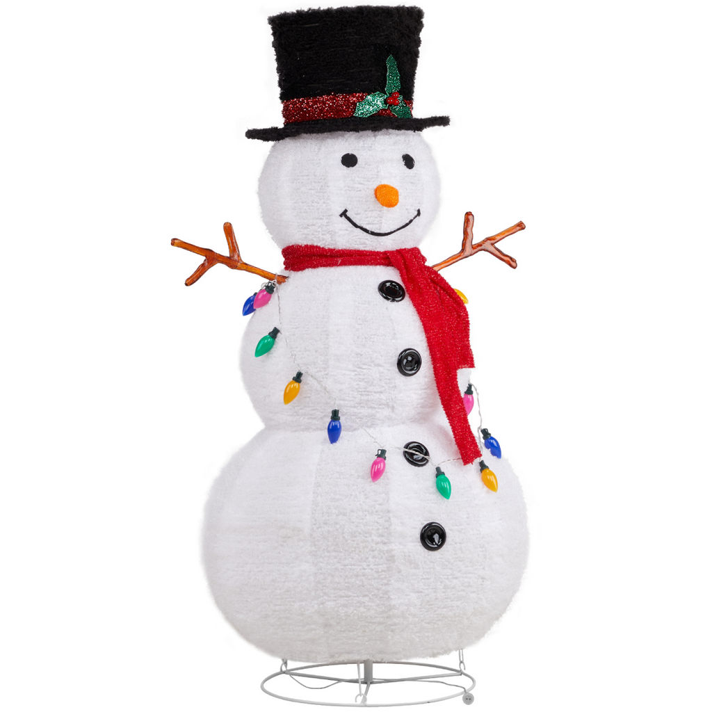 White plush snowman decoration with black top hat, red scarf, and colorful mini lights