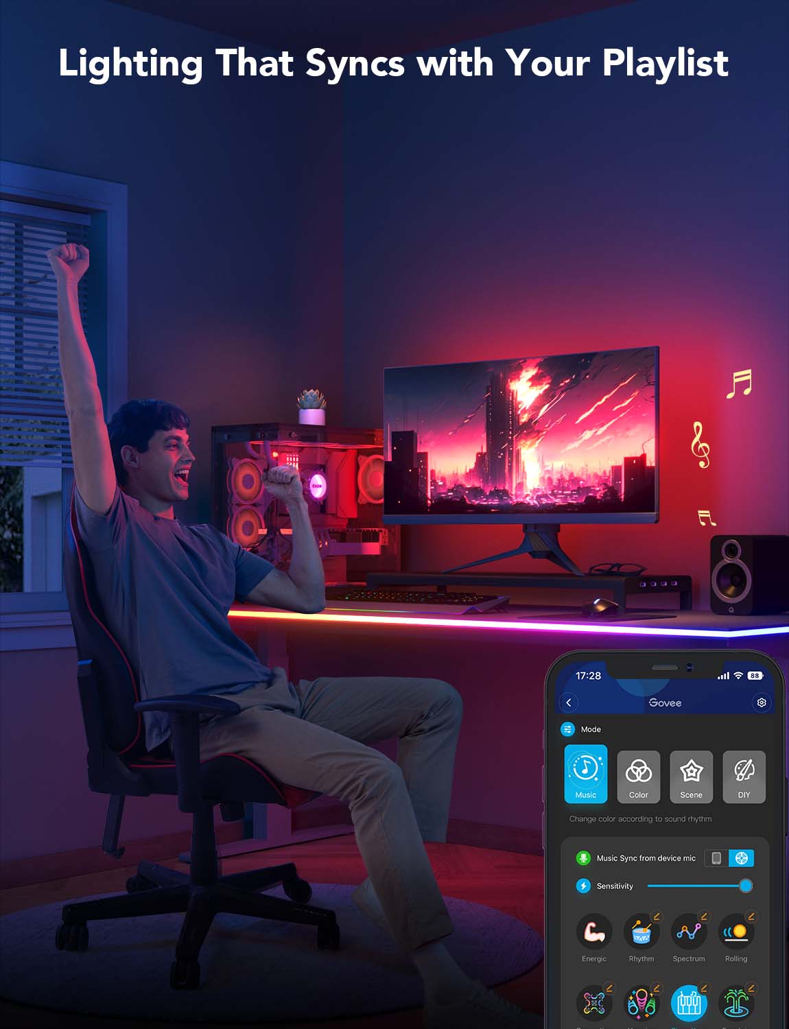 RGBIC desk lighting with neon strip under monitor and smartphone app controls