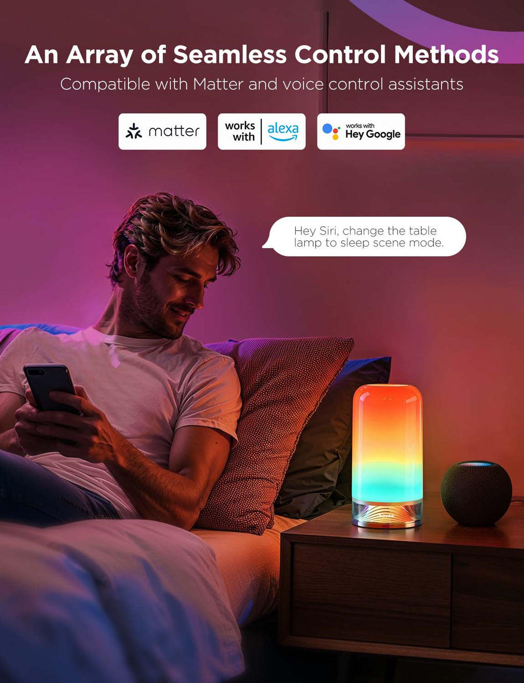 RGB smart table lamp on a nightstand with rainbow light controlled by a phone