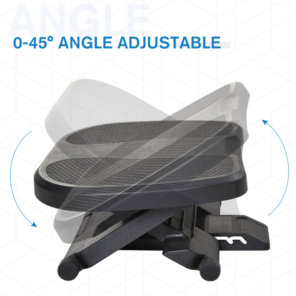 Under-desk footrest with adjustable tilt angle up to 45 degrees