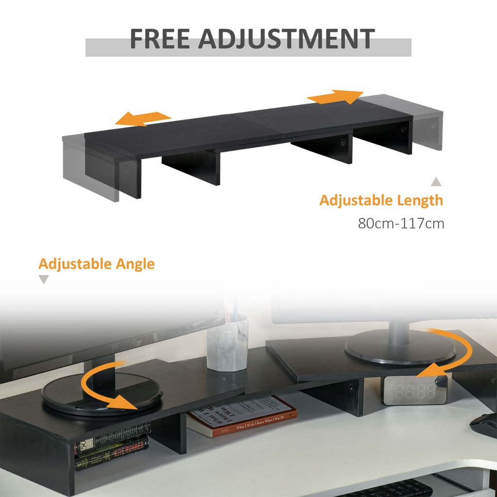 Adjustable monitor stand riser showing extendable length and angled support arms
