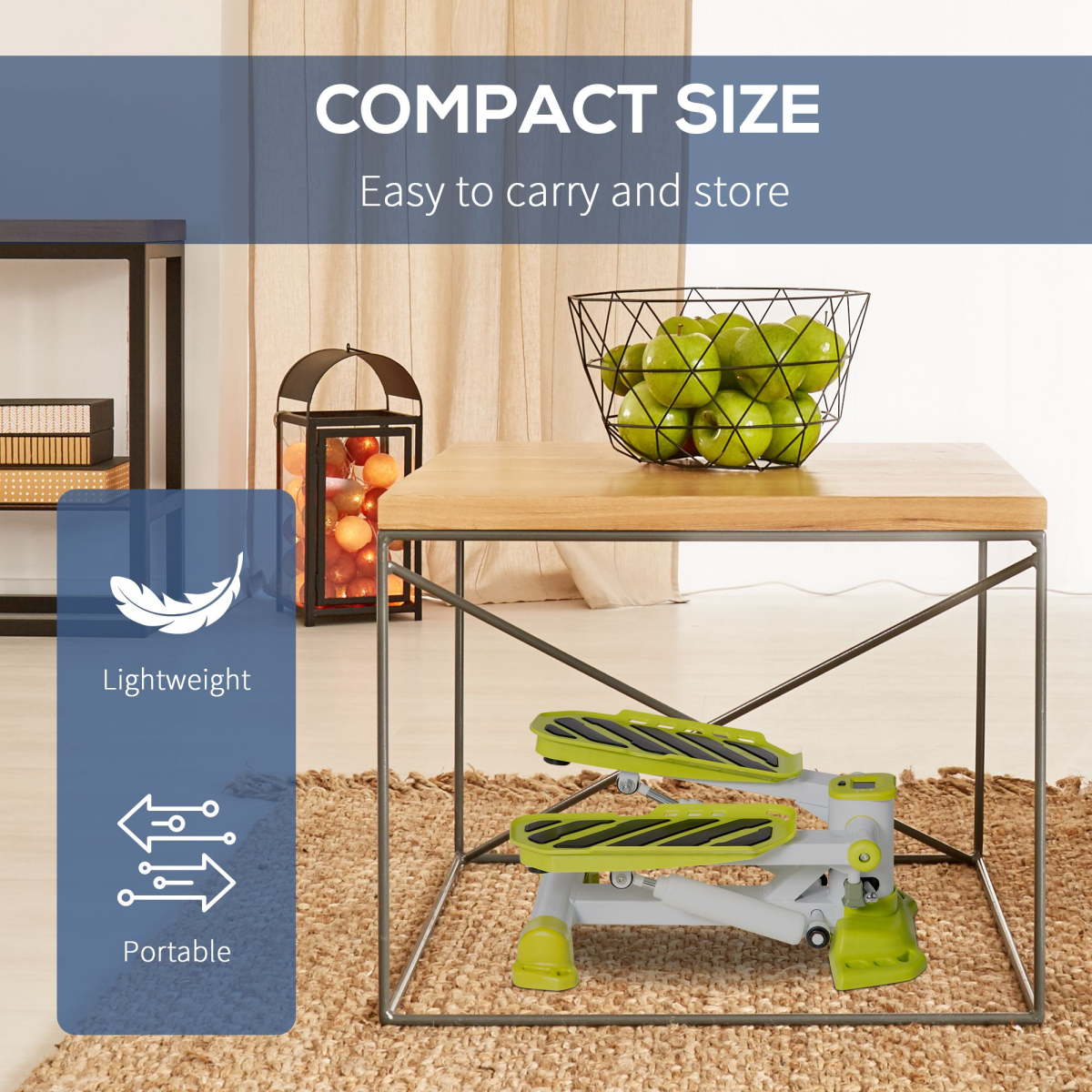 Yellow portable mini stepper with white frame and green pedals, designed for easy storage