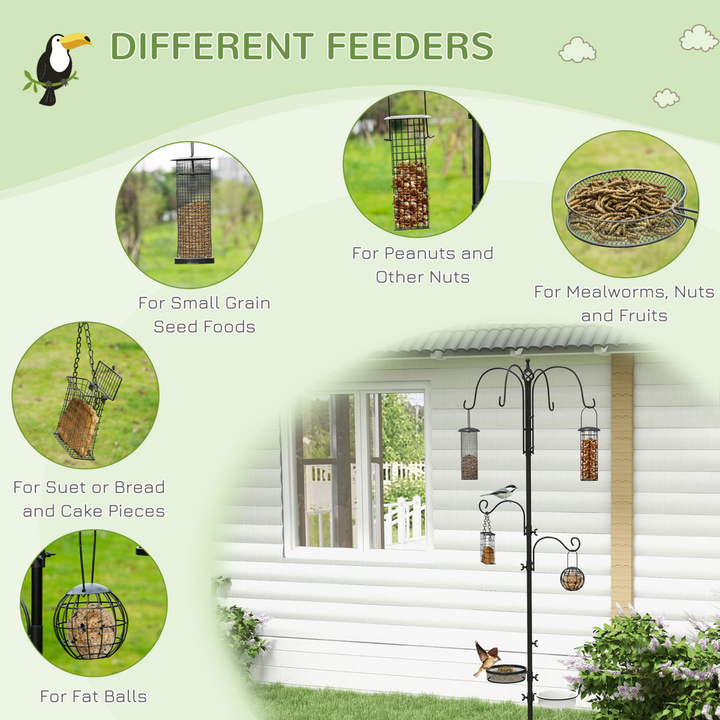 Black bird feeding station with hanging wire feeders for different bird food types
