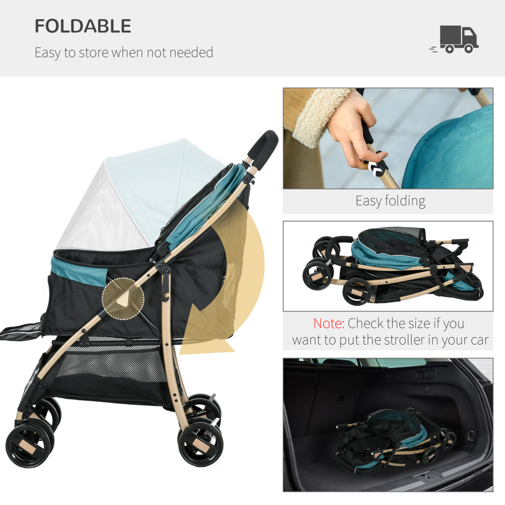 Foldable pet stroller with teal canopy and dark mesh body, including folded storage view
