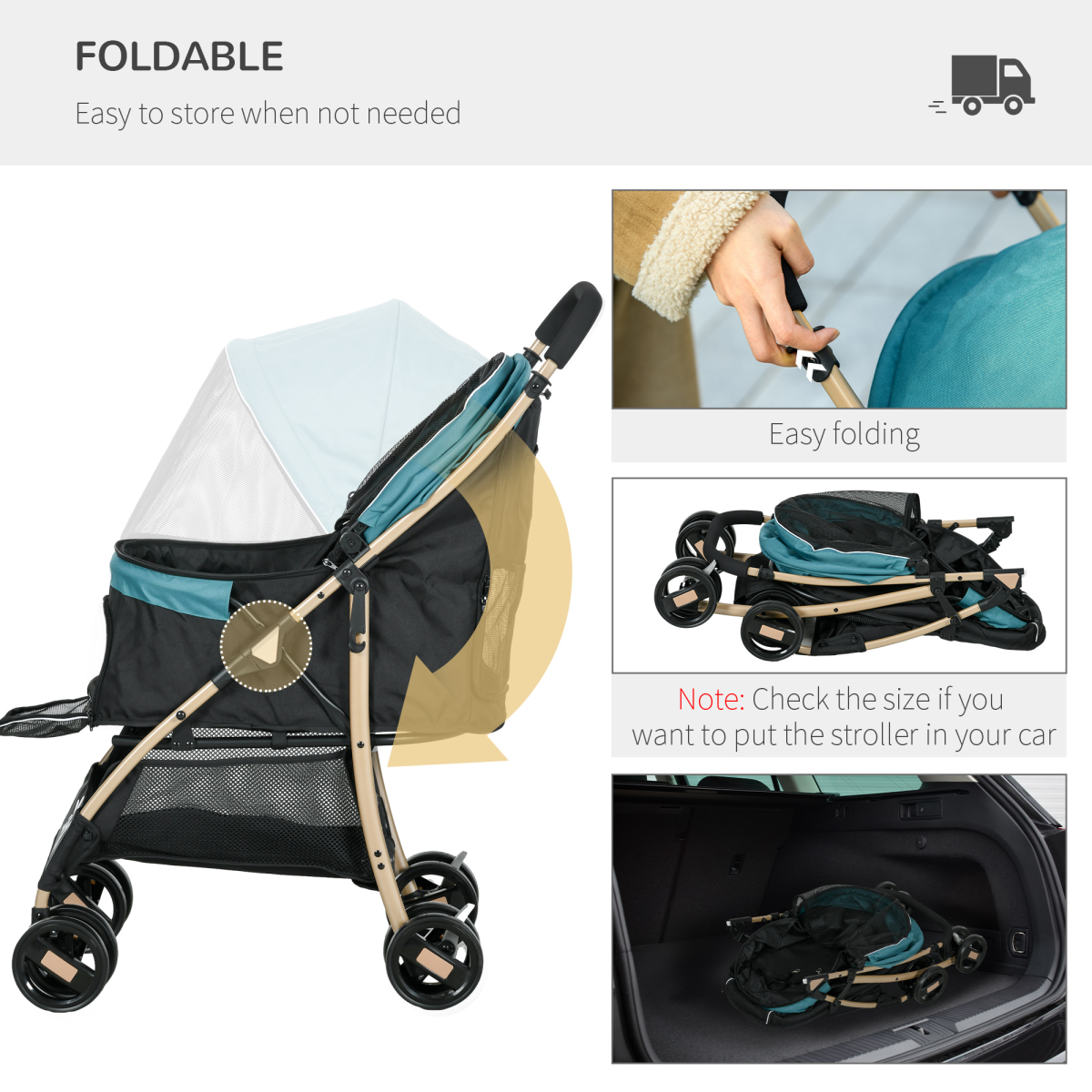 Foldable pet stroller with teal canopy and dark mesh body, including folded storage view