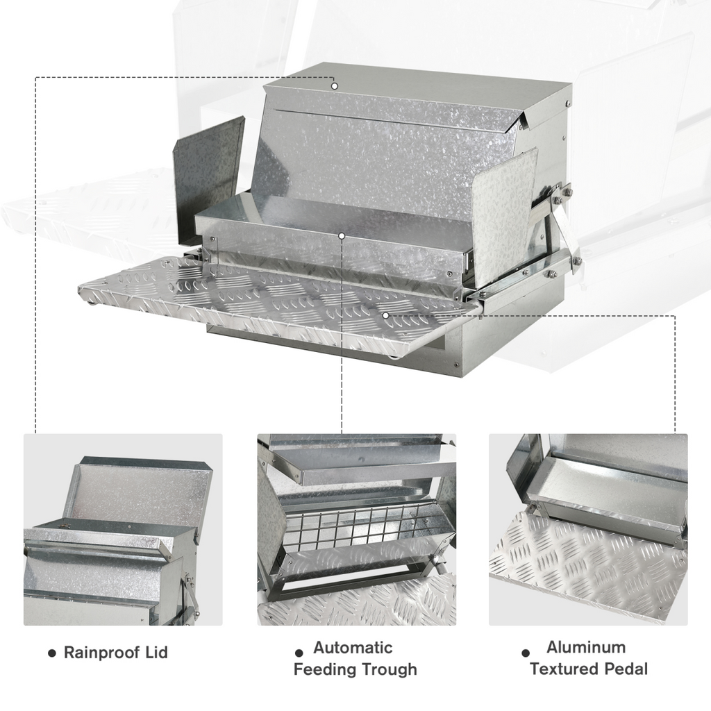 Galvanized steel automatic chicken feeder with rainproof lid and feeding trough