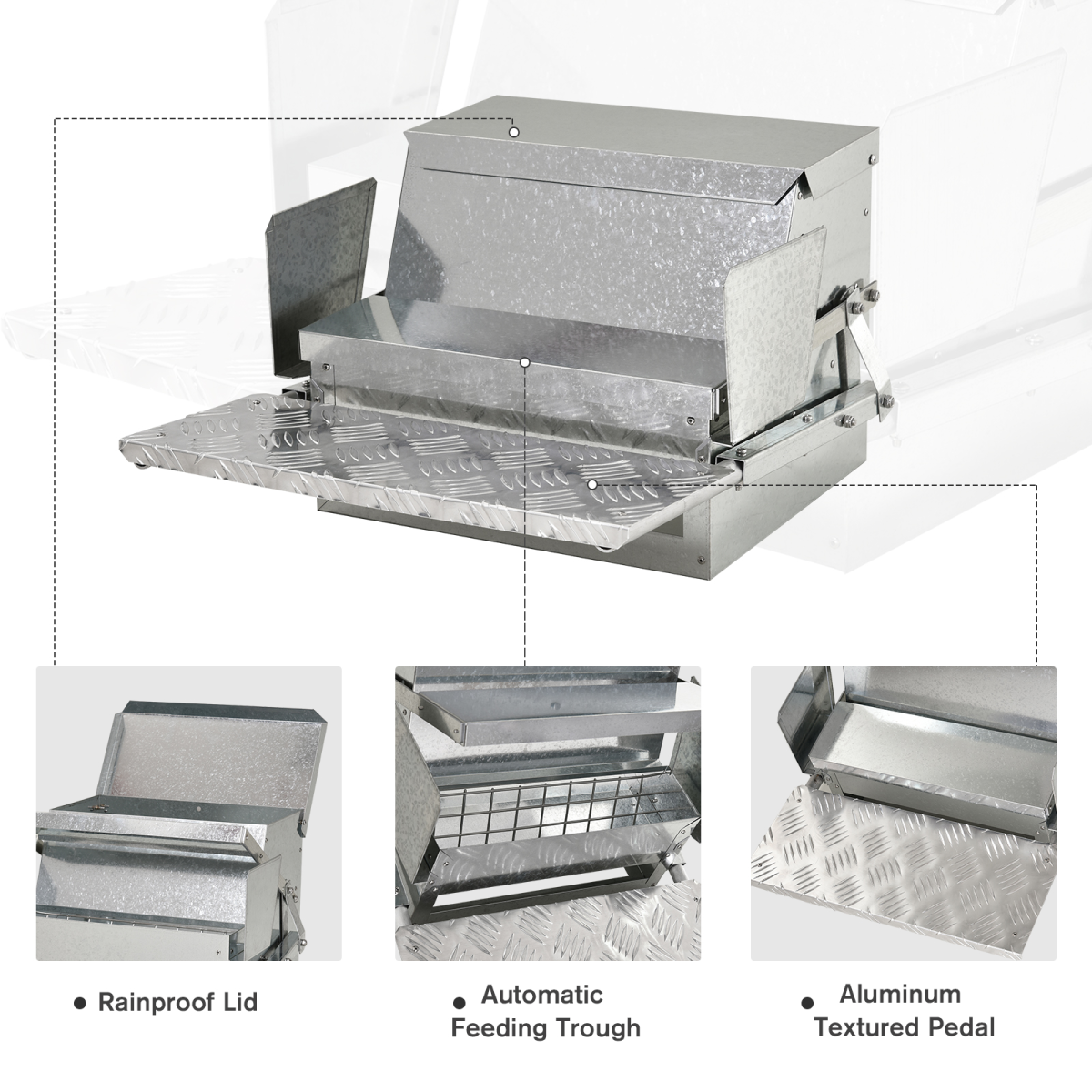 Galvanized steel automatic chicken feeder with rainproof lid and feeding trough