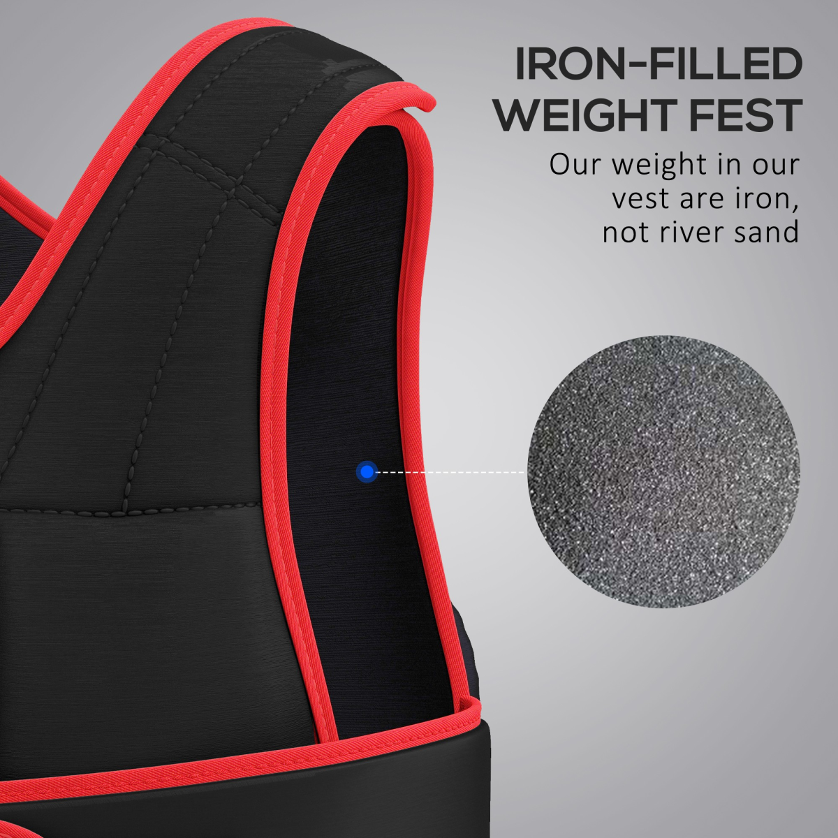 Black weighted vest corner with red piping and stitched padding detail