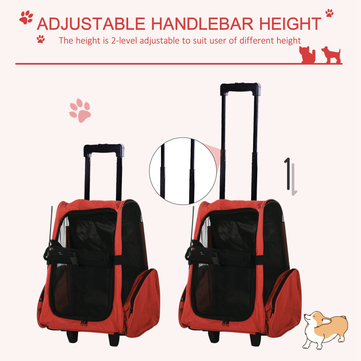 Red wheeled pet carrier backpack with adjustable telescoping handle and shoulder straps