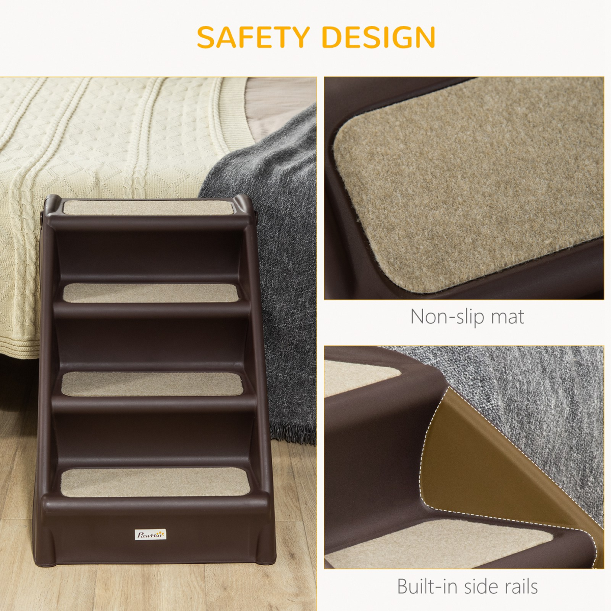 Foldable 4-step brown pet stairs with non-slip tread mats and built-in side rails