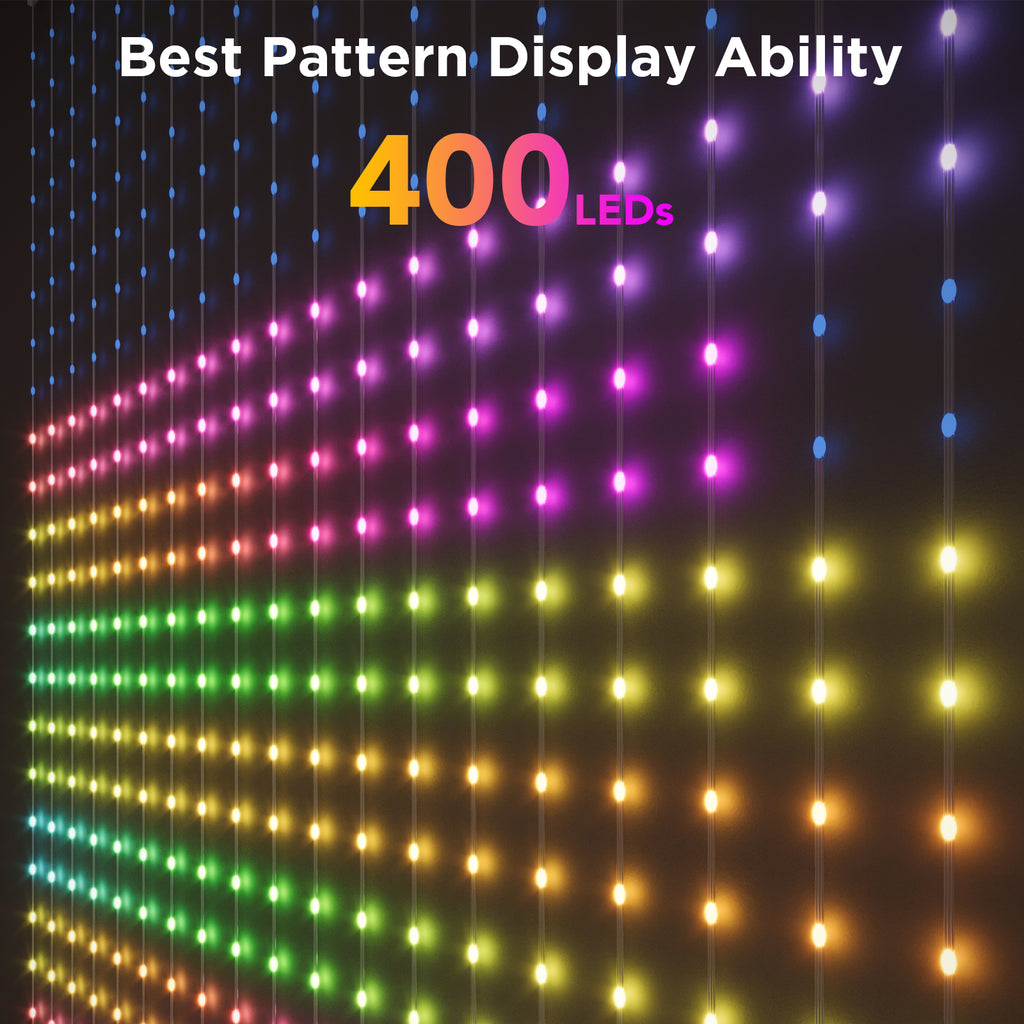 Multicolor LED curtain lights with vertical dotted strands in rainbow colors
