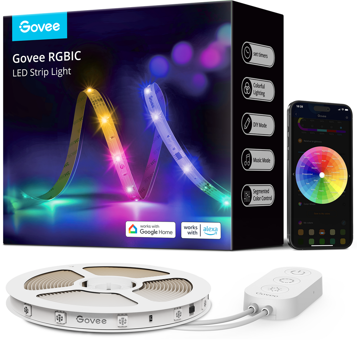 Govee RGBIC 5m LED strip light kit with controller and adhesive clips