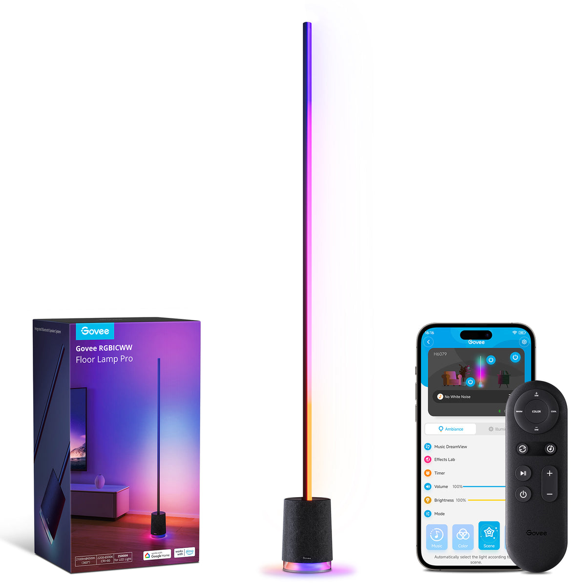 Black standing RGB floor lamp with built-in Bluetooth speaker and slim light pole