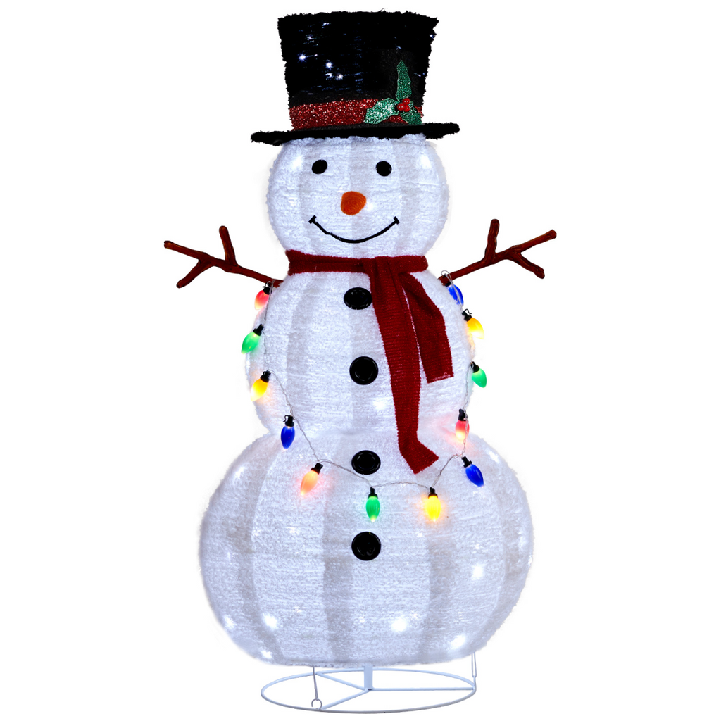 White plush snowman decoration with black top hat, red scarf, and lit multicolor LEDs