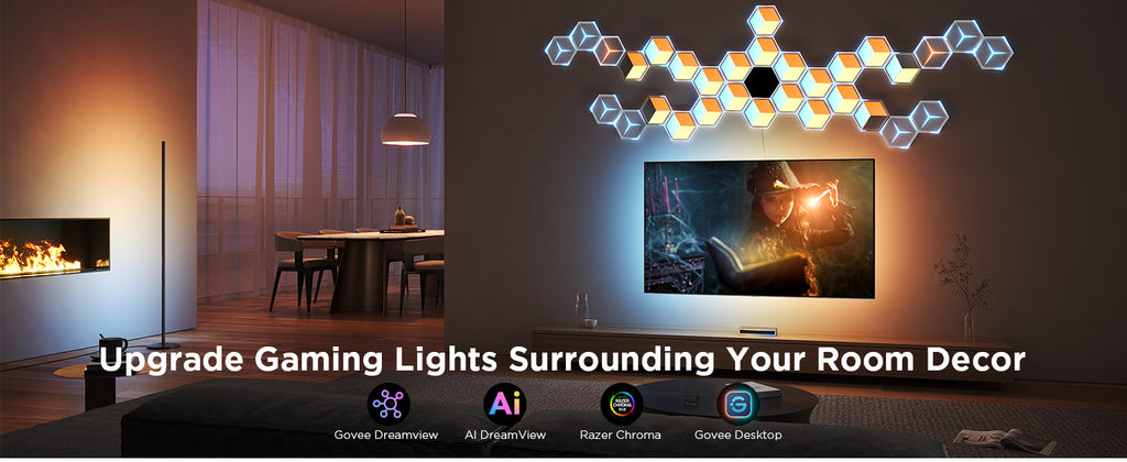 Hexagon RGB LED light panels arranged on wall above TV for gaming room lighting