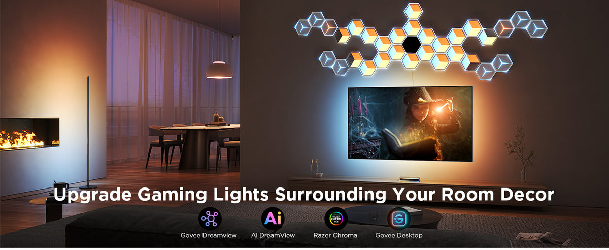 Hexagon RGB LED light panels arranged on wall above TV for gaming room lighting