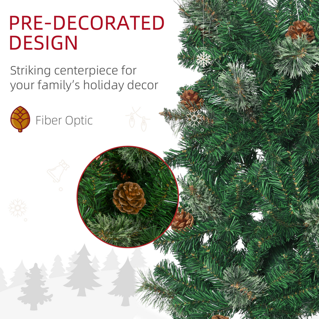 Pre-decorated green artificial Christmas tree with pine cones and glowing fiber optic style tips