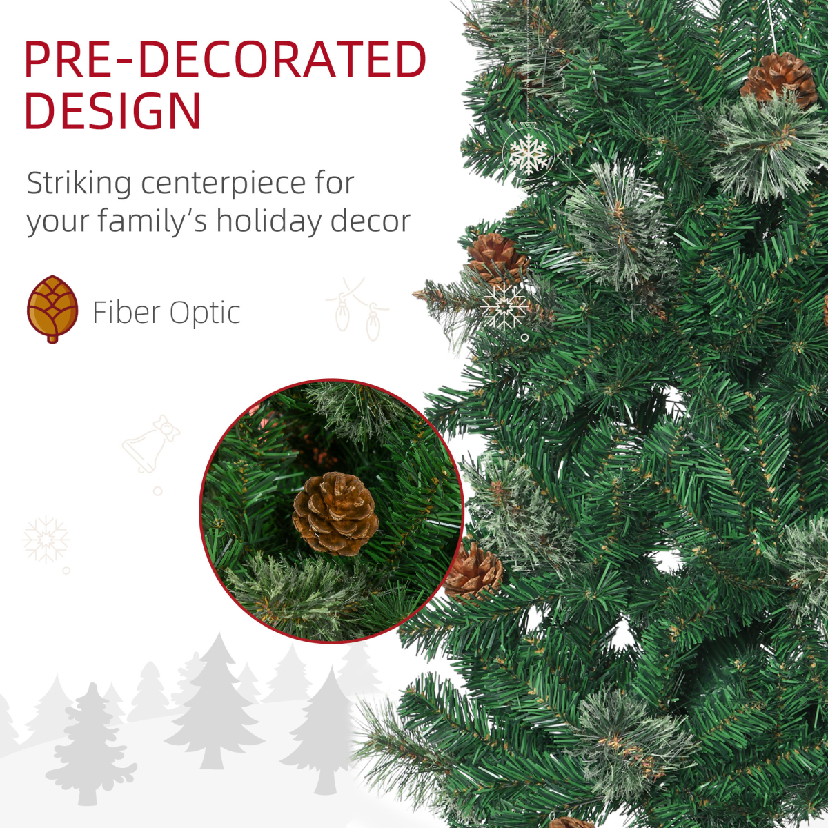 Pre-decorated green artificial Christmas tree with pine cones and glowing fiber optic style tips