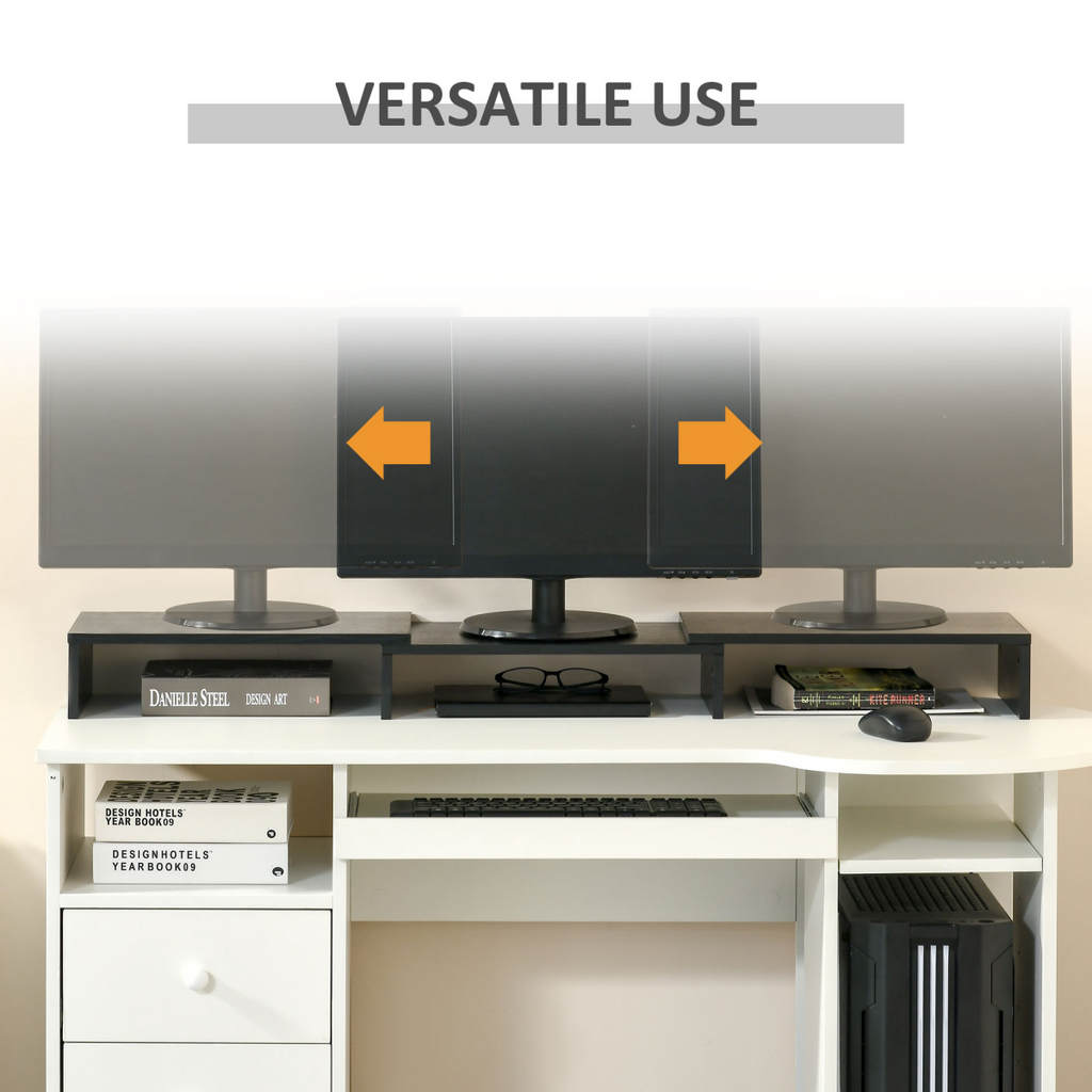 Dual-screen monitor stand riser with two raised displays and centered storage area