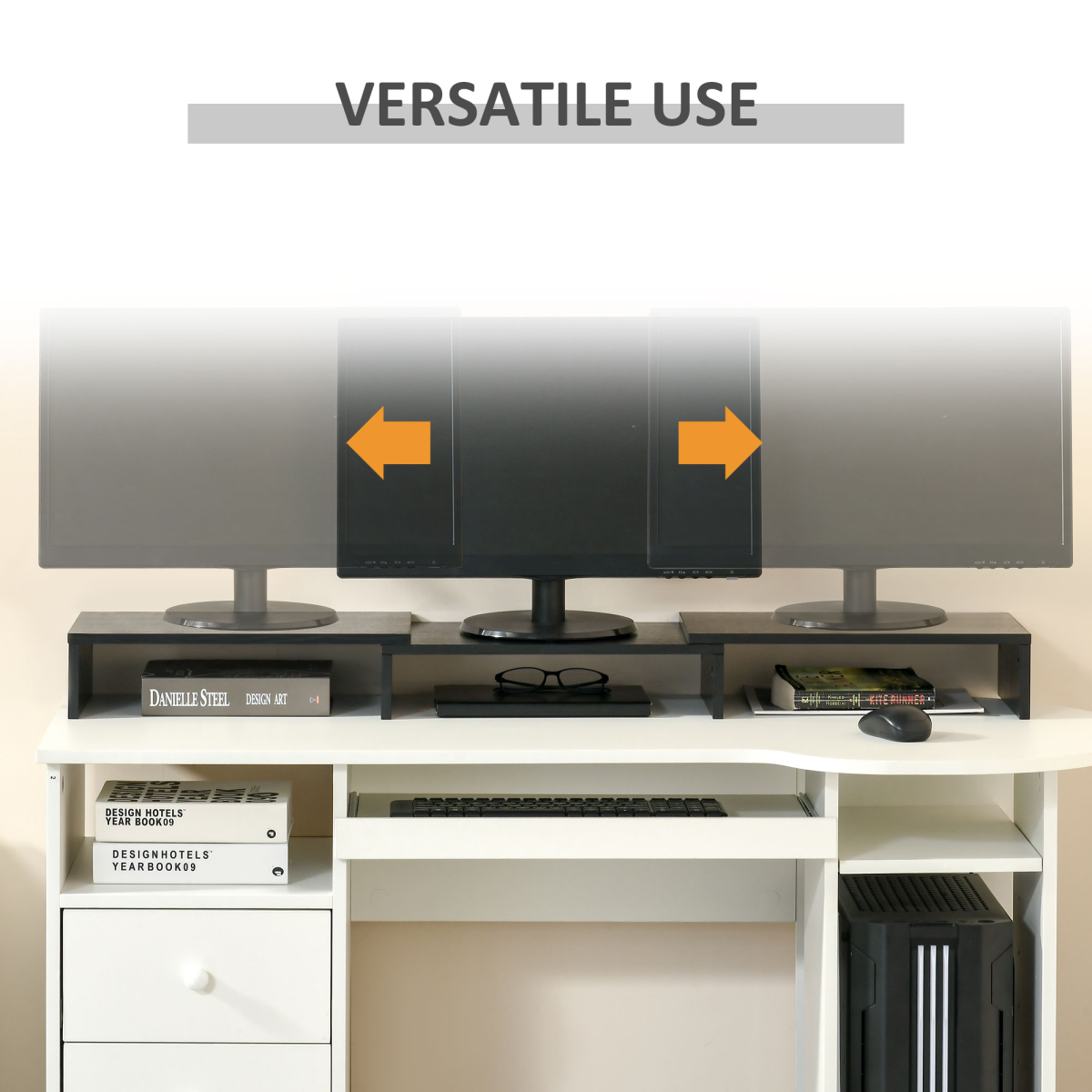 Dual-screen monitor stand riser with two raised displays and centered storage area