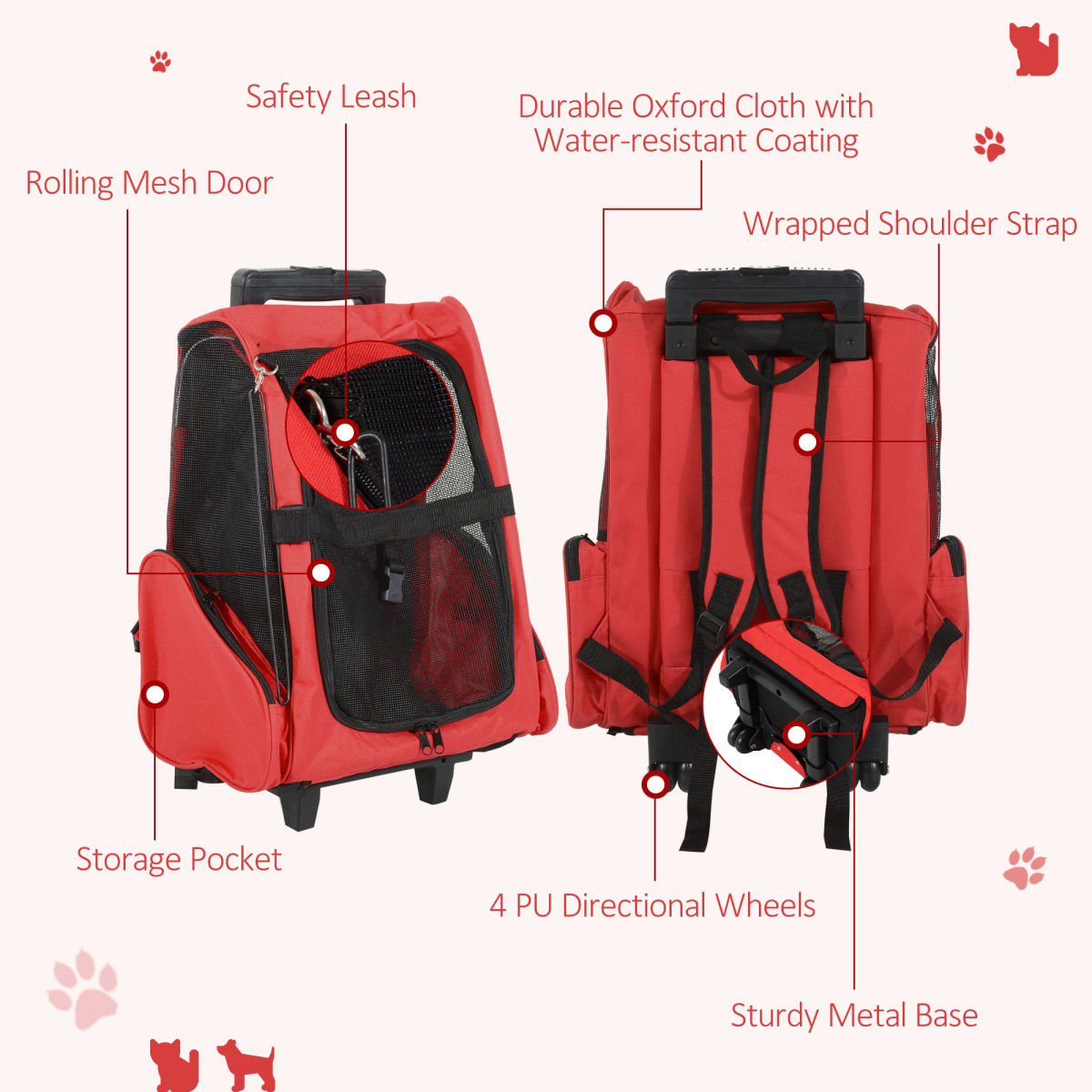 Red pet carrier backpack with storage pocket, safety leash, four wheels, sturdy base