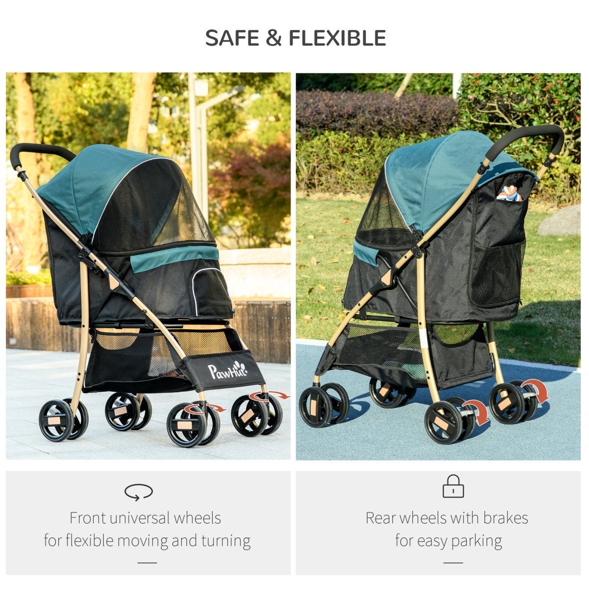 Foldable pet stroller with teal canopy and dark mesh, front swivel wheels, rear brakes