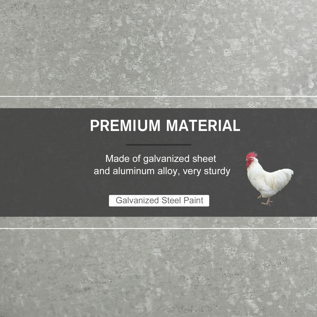 Galvanized steel chicken feeder body shown with premium material panel