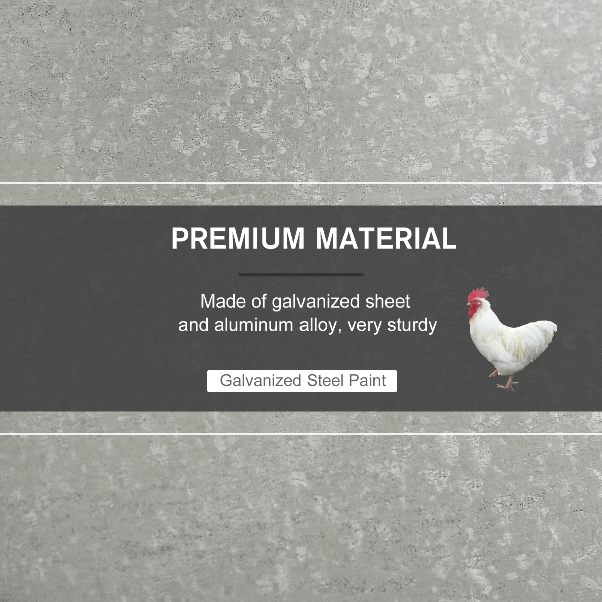 Galvanized steel chicken feeder body shown with premium material panel