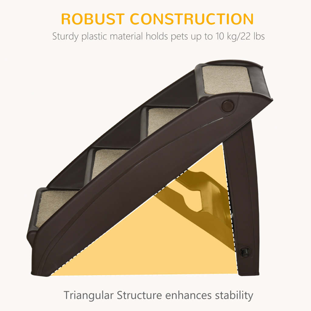 Foldable brown 4-step pet stairs featuring a triangular support frame for stability