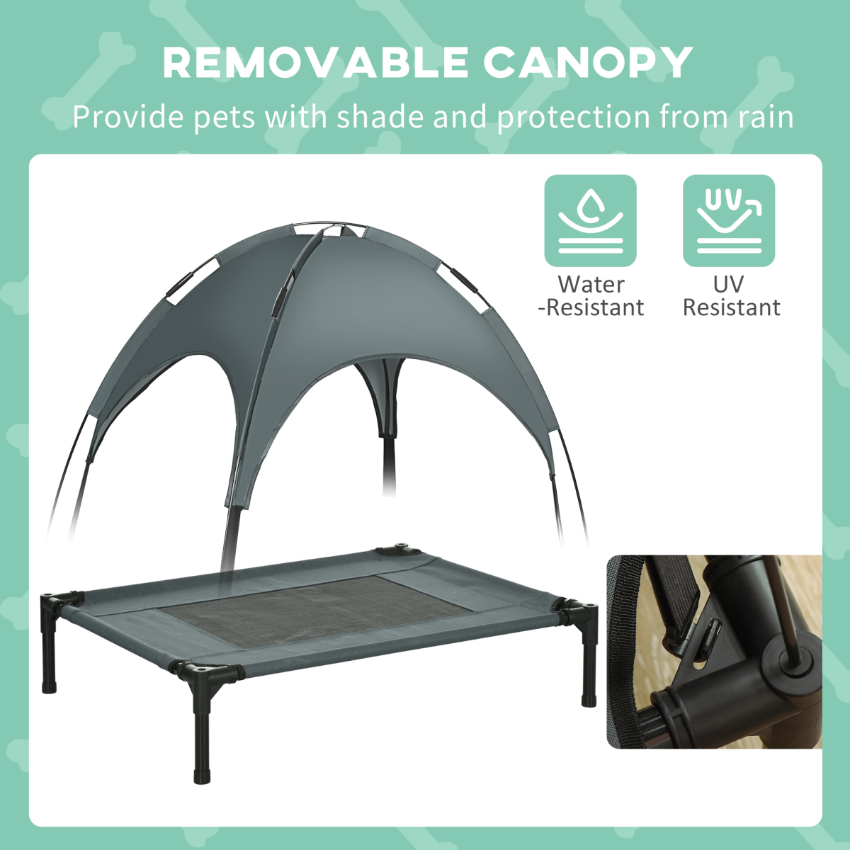 Grey removable UV canopy elevated dog bed with water- and UV-resistant cover