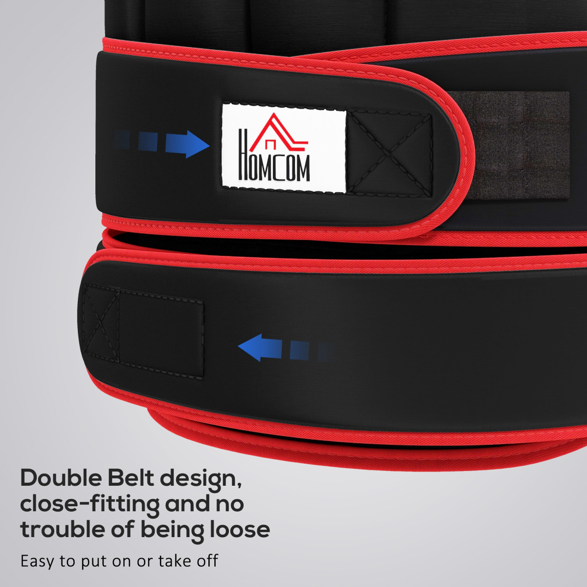 Black weighted vest showing double belt closure straps with red trim
