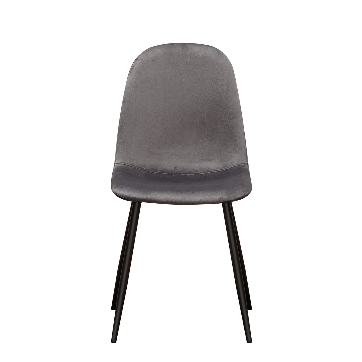 Grey velvet dining chair with black metal legs, back view