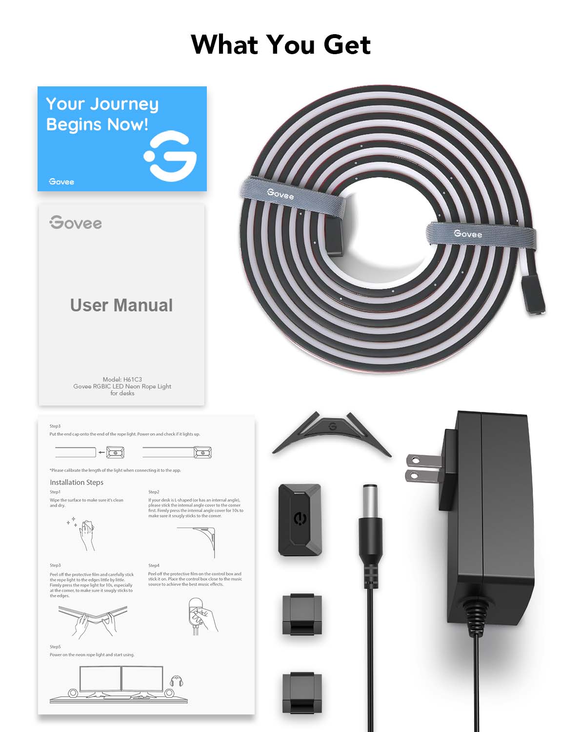 Govee RGBIC neon rope light kit with power adapter, clips, and user manual