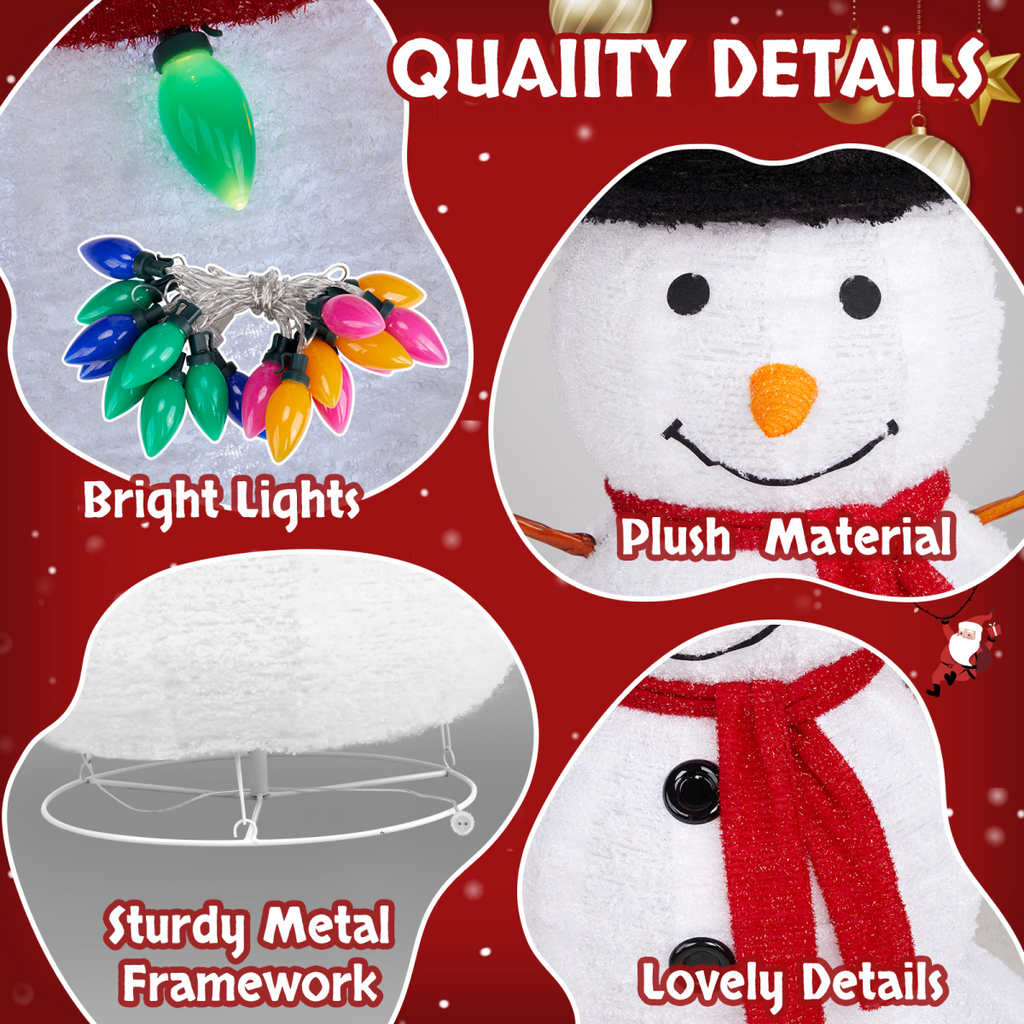 Quality details panel featuring plush snowman face, scarf, and lit frame design