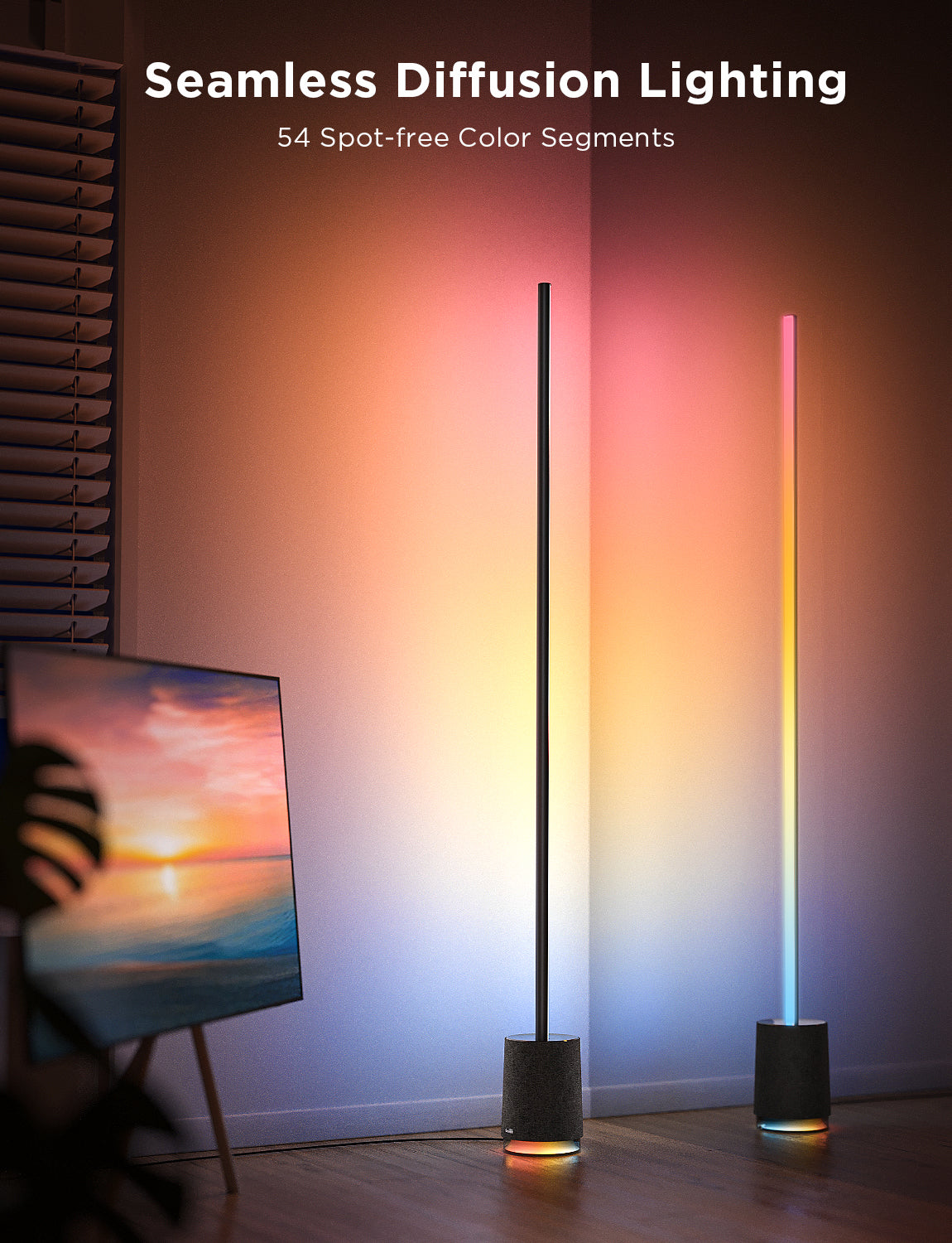 Standing RGB floor lamp with black weighted base emitting soft color diffusion